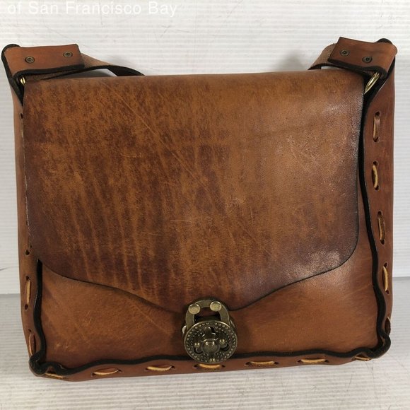 Vintage Handbags - Vintage~Brown Leather Shoulder Bag~ Stitching~Flap~Turnlock